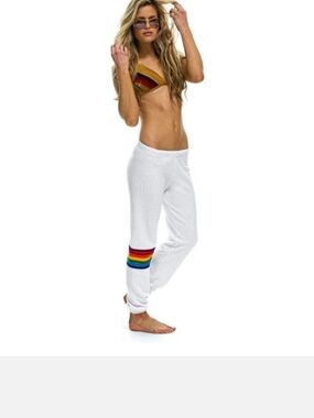 Sexy Aviator Nation White Track Joggers with 7 Rainbow Stripe